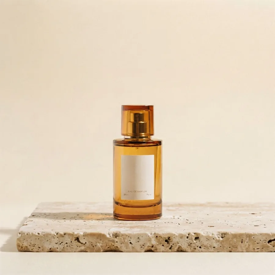 خروجی پرامپت دقیق برای عکس محصول: شیشه عطر روی سنگ تراورتن با پسزمینه ساده و فضای خالی بالای قاب