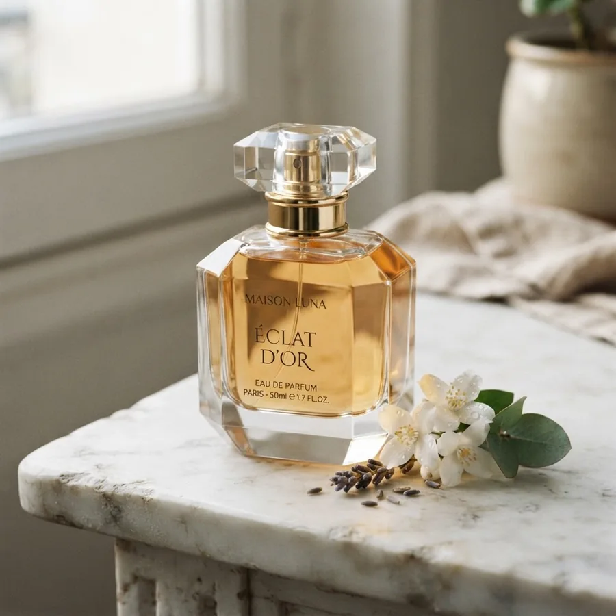 خروجی پرامپت مبهم برای عکس محصول: شیشه عطر با برند و لیبل ساختگی روی میز مرمر
