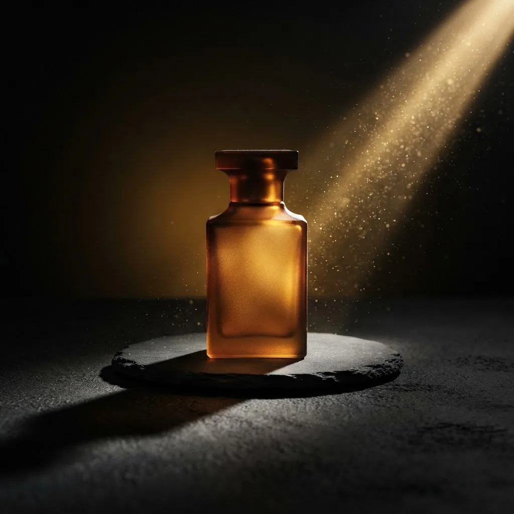عکس محصول از شیشه عطر کهربایی زیر نور طلایی، ساخته‌شده با هوش مصنوعی در نگارسا