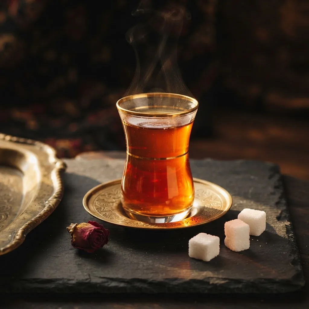 عکس تبلیغاتی از استکان کمرباریک چای در سینی برنجی، ساخته‌شده با هوش مصنوعی در نگارسا