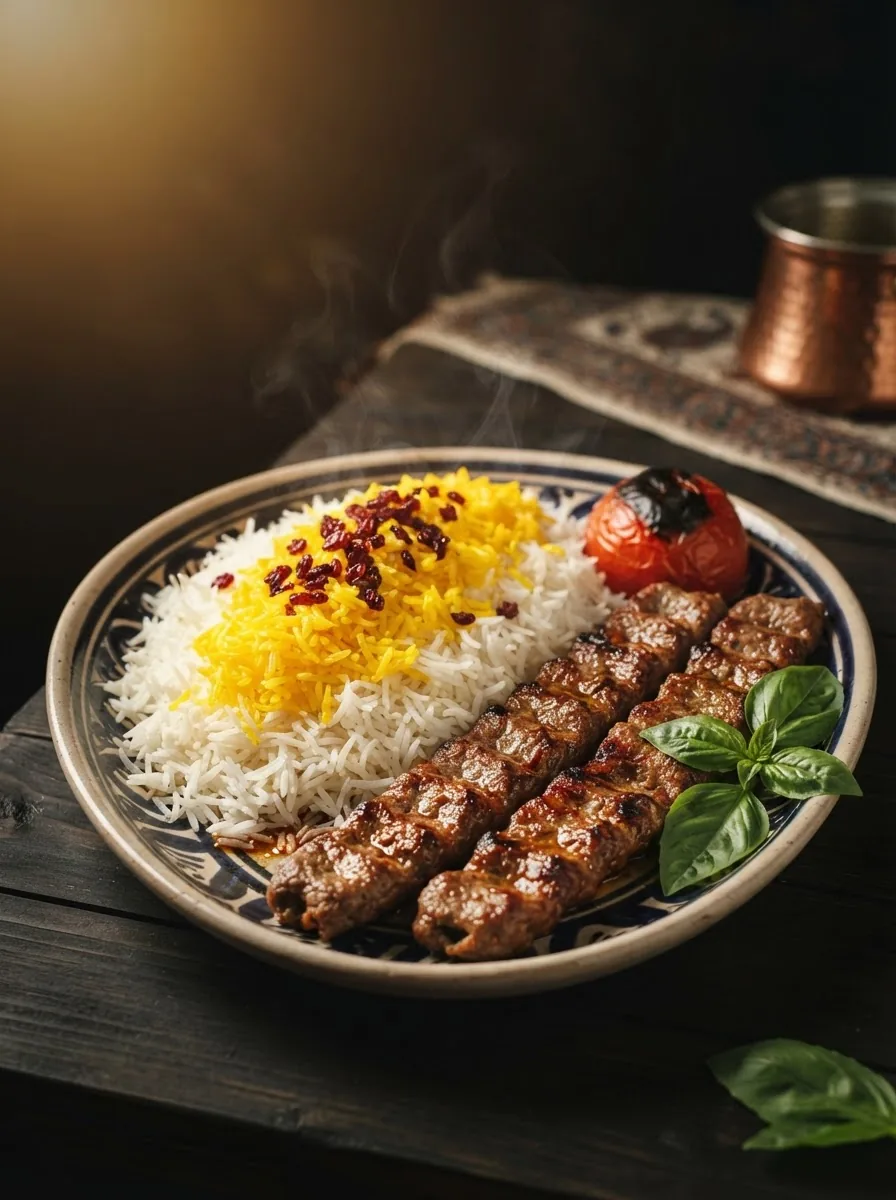 عکس غذا از چلوکباب کوبیده روی دیس، ساخته‌شده با هوش مصنوعی در نگارسا