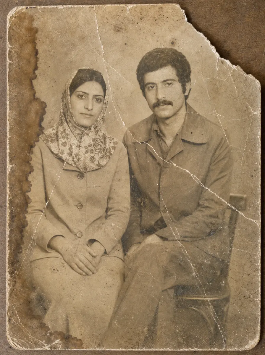 عکس خانوادگی قدیمی و آسیب‌دیده با خط‌وخش، تاخوردگی و گوشه‌ی پاره، پیش از ترمیم