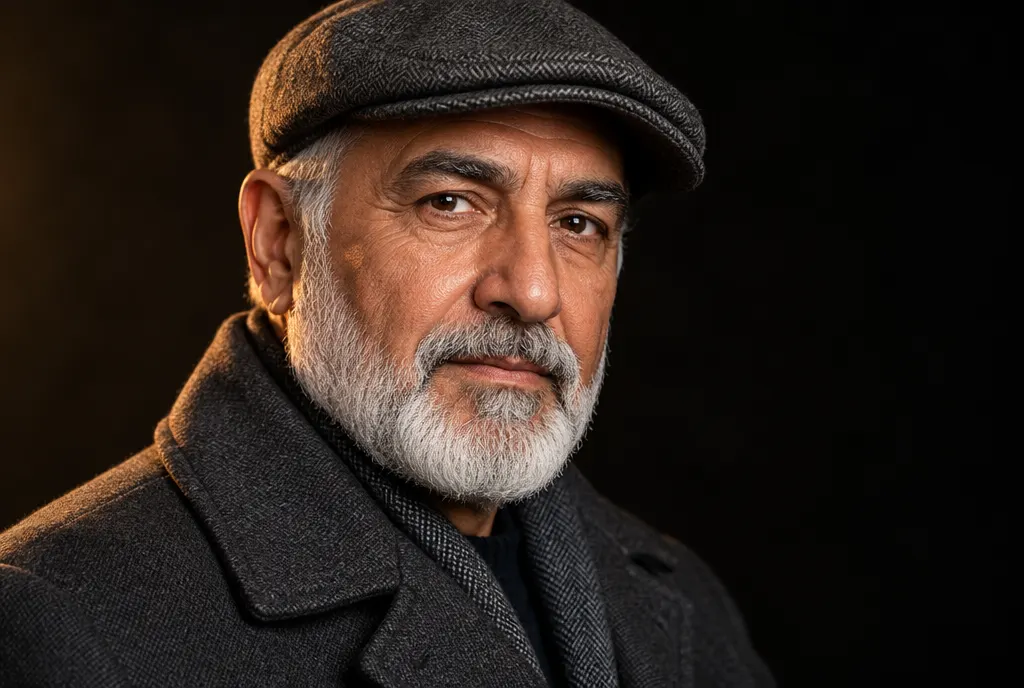 پرتره‌ی ترمیم‌شده از مردی میان‌سال با ریش جوگندمی و کلاه پشمی روی پس‌زمینه تیره، با جزئیات واضح پوست و پارچه، ساخته‌شده با هوش مصنوعی در نگارسا