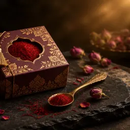 عکس تبلیغاتی از جعبه کادویی زعفران با نقش طلایی و قاشق برنجی، ساختهشده با هوش مصنوعی در نگارسا