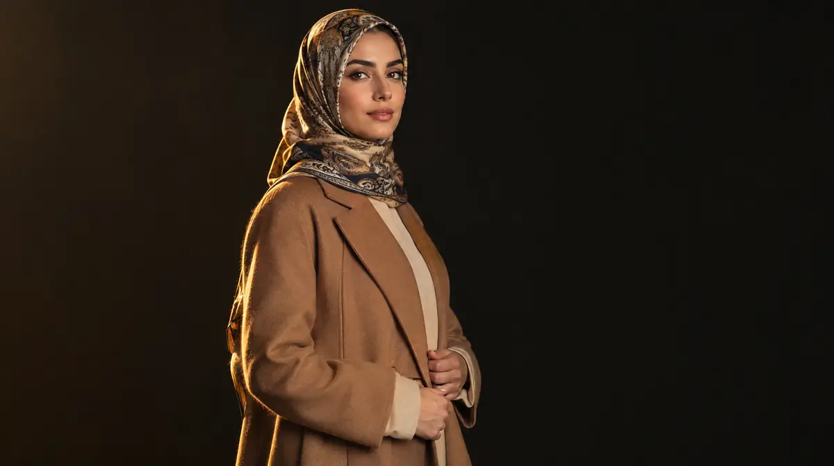 عکس کمپین مد از مانتوی بلند شتری و روسری ابریشمی روی پسزمینه تیره، ساختهشده با هوش مصنوعی در نگارسا
