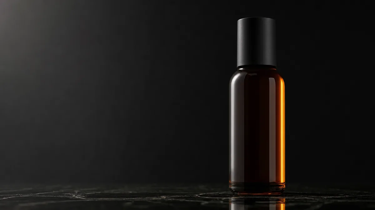 عکس تبلیغاتی یک شیشهی کهربایی روی سنگ سیاه با نور نرم و فضای خالی سمت چپ، ساختهشده با هوش مصنوعی