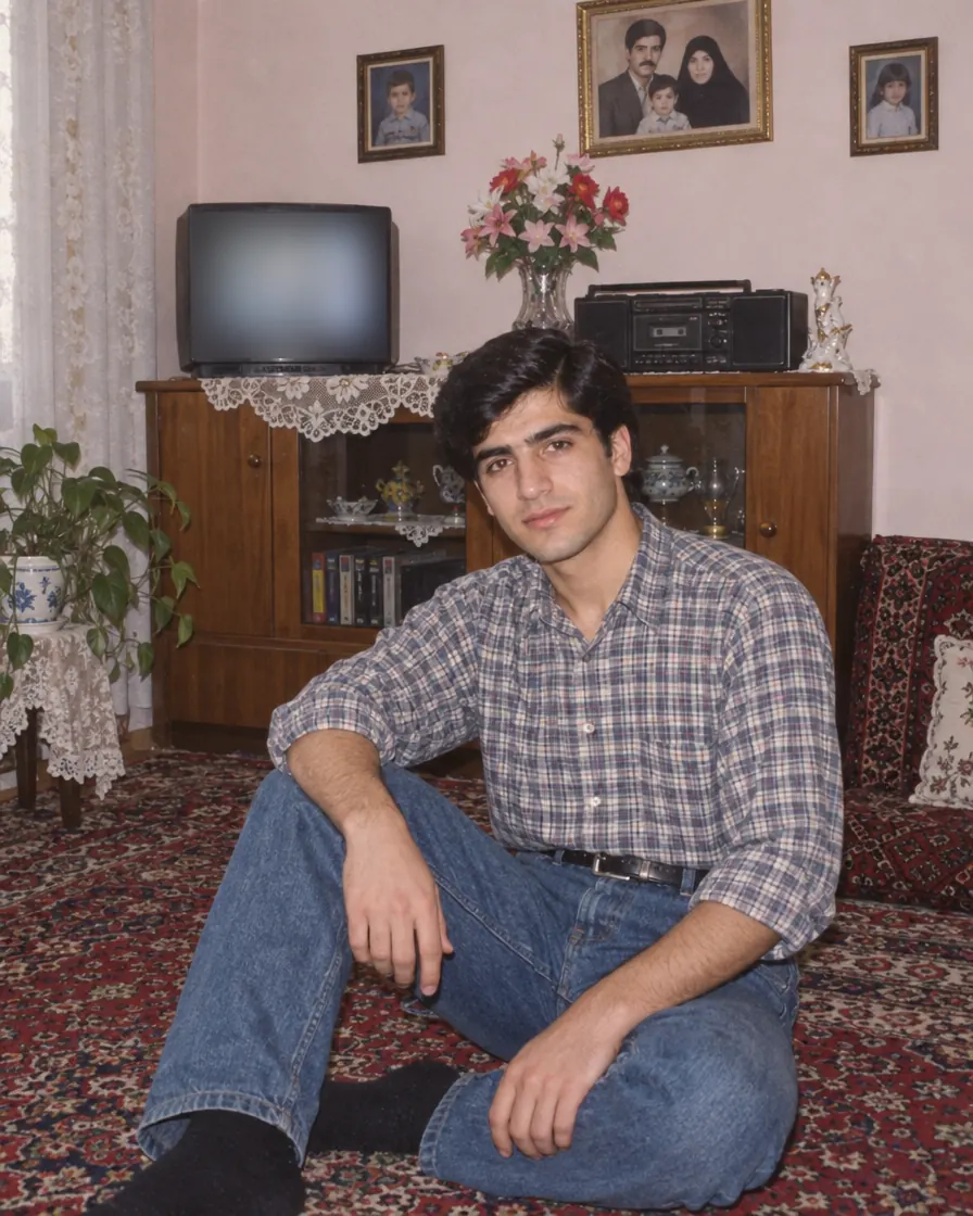 عکس نوستالژیک دهه هفتاد شمسی: مرد جوان با پیراهن چهارخانه و شلوار جین روی فرش در پذیرایی خانهی ایرانی، تلویزیون قدیمی، ضبط صوت و قاب عکسهای خانوادگی، رنگ فیلم محو