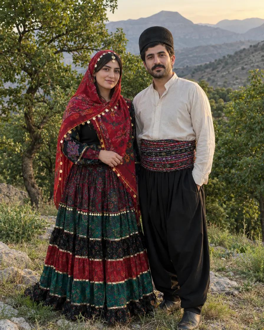 عکس دونفرهی زن و مرد با لباس محلی لری در کوهستان زاگرس هنگام غروب؛ زن با جومهی چندلایه و سربند قرمز، مرد با شال کمر و کلاه نمدی
