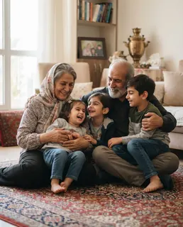 نمونه خروجی پرامپت «پدربزرگ و مادربزرگ با نوه‌ها»، ساخته‌شده با هوش مصنوعی