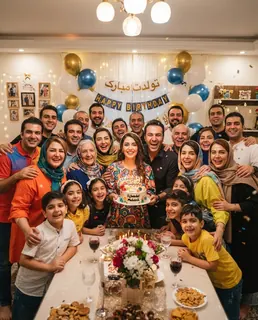 نمونه خروجی پرامپت «عکس گروهی مهمانی تولد»، ساخته‌شده با هوش مصنوعی