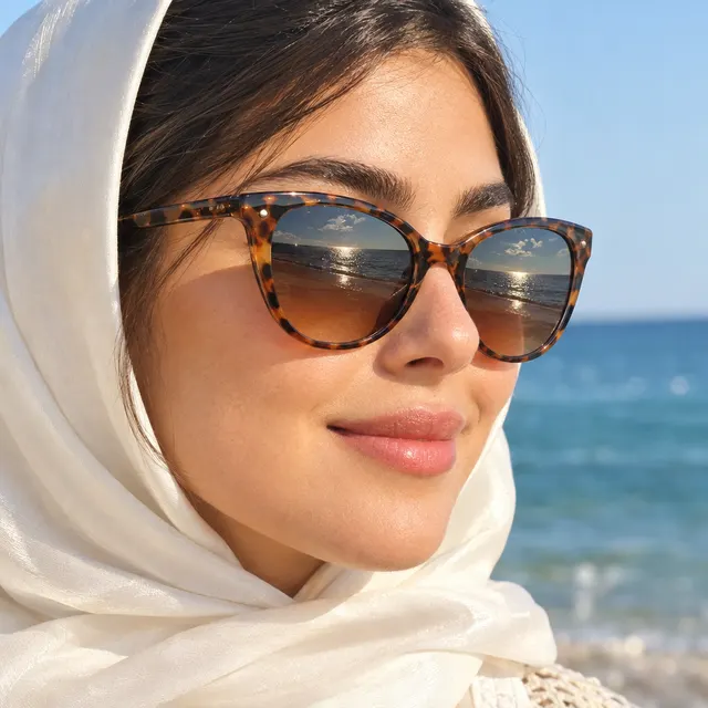 نمونه خروجی پرامپت «عینک آفتابی روی مدل با انعکاس دریا»، ساخته‌شده با هوش مصنوعی