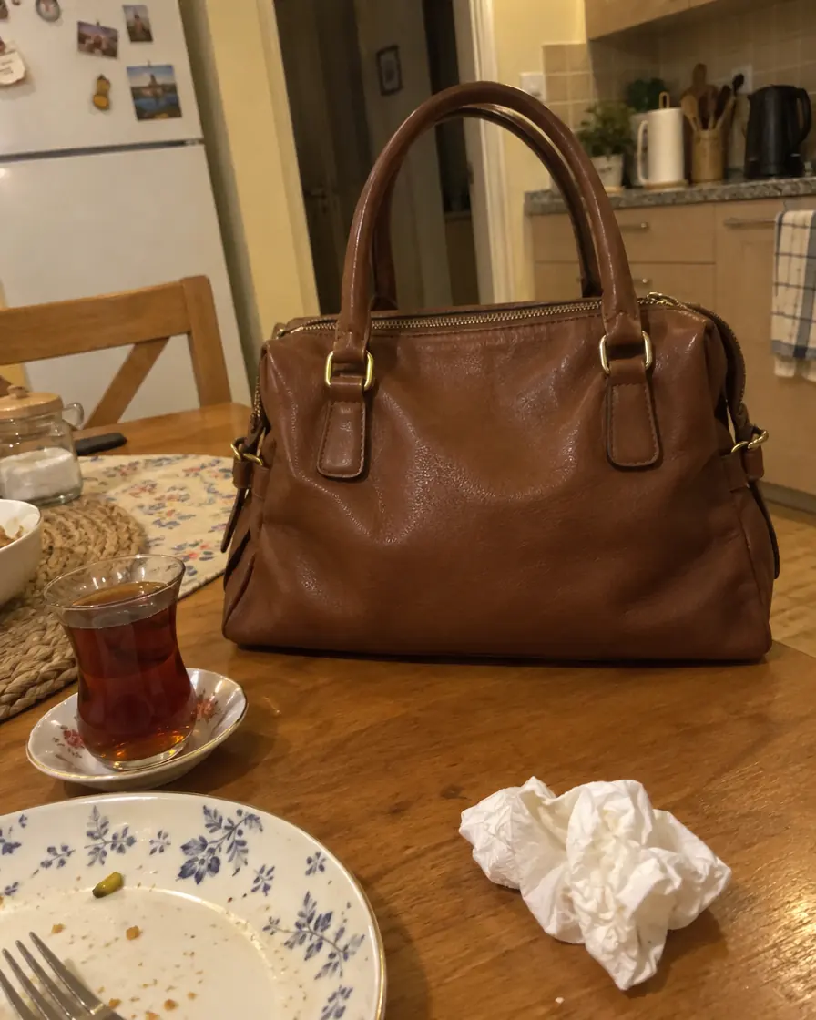 عکس گوشی از کیف چرم قهوهای زنانه روی میز شلوغ آشپزخانه کنار استکان چای، پیش از تغییر پسزمینه
